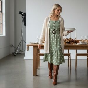 NWT Monteau Green Polka Dot Midi Linen Blend Belted Cottagecore Sz XS Dress